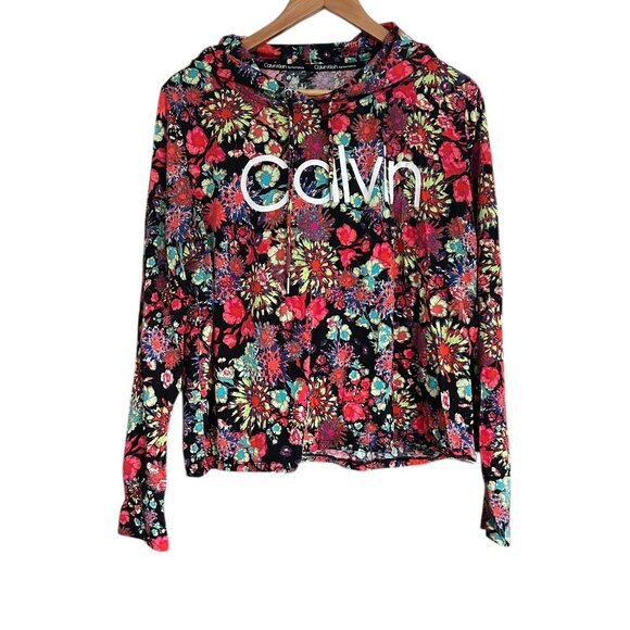 Calvin Klein Performance Cropped Hoodie XL Floral Print Cotton Modal Blend - Picture 2 of 6